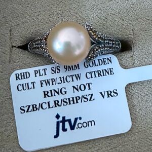New JTV Golden Cultured Pearl & Citrine Halo Ring size 10